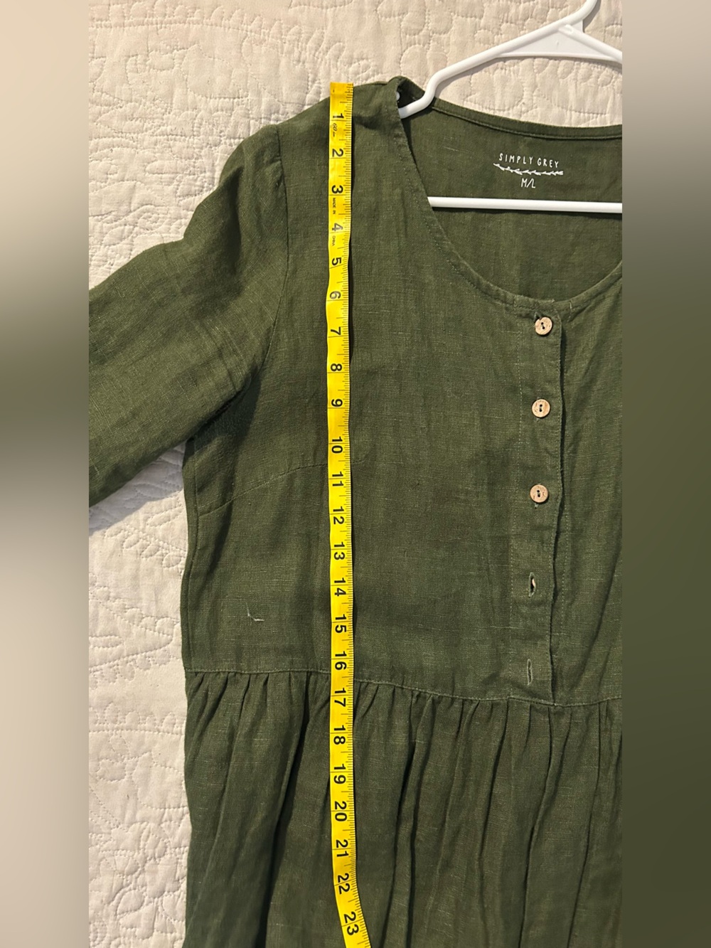 Simply Grey Olive Green Long Sleeve Button-Front Midi Dress 100% Linen - Picture 5 of 5